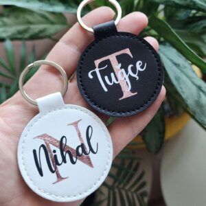 Kişiselleştirilebilir Beyaz Renk Suni Deri Anahtarlık 5cm 5 Adet