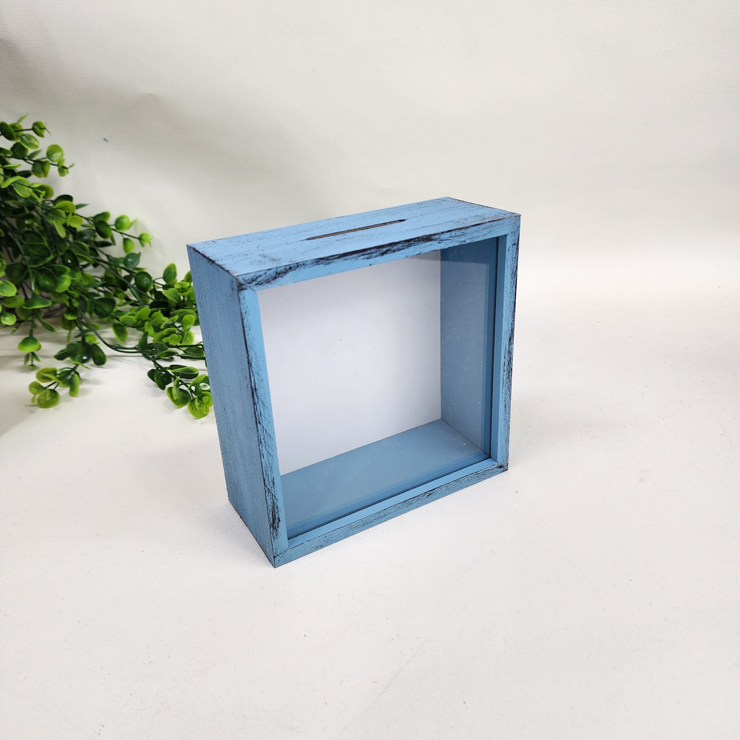 Kişiselleştirilebilir Ön Yüzü Pleksi Ahşap Hazneli Mavi Kumbara